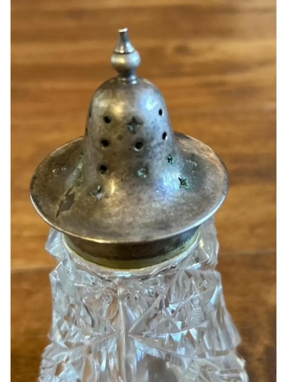 Vintage Cut Glass Salt or Pepper Shaker with Metal Lid (1)